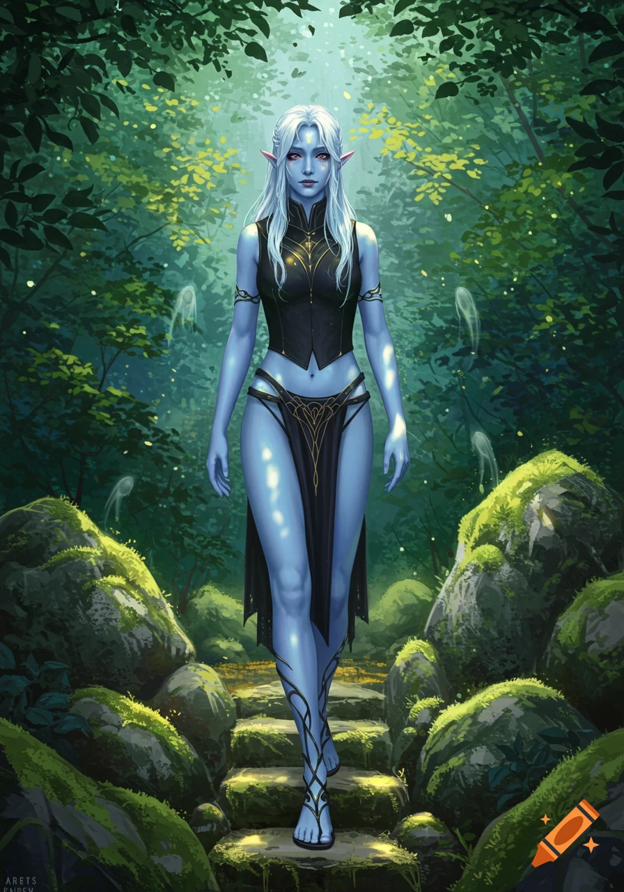 A blue-skinned elf with long white hair in a black and gold outfit walks through a mossy, enchanted forest in a digital illustration.