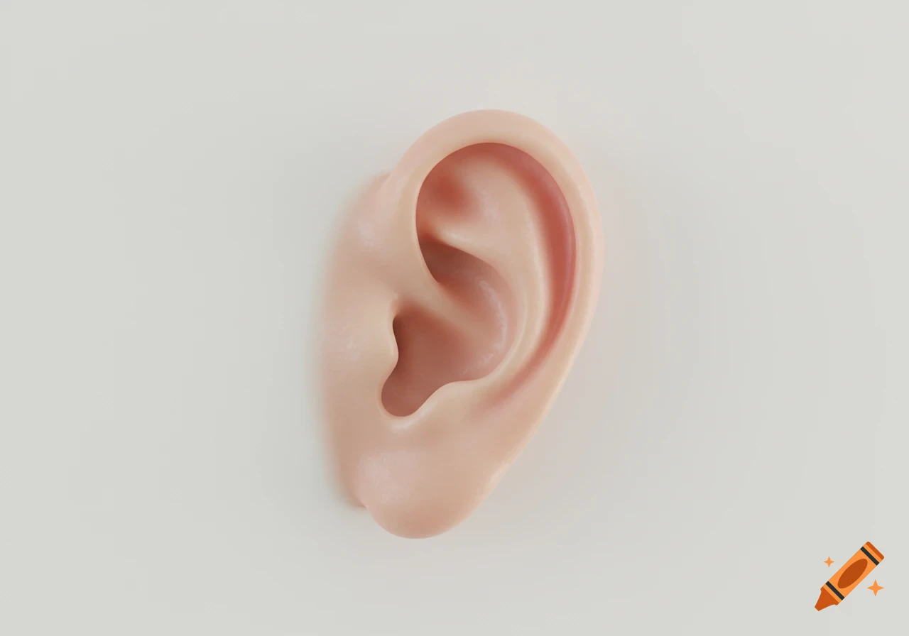 A close-up, photorealistic render of a human ear against a plain white background.