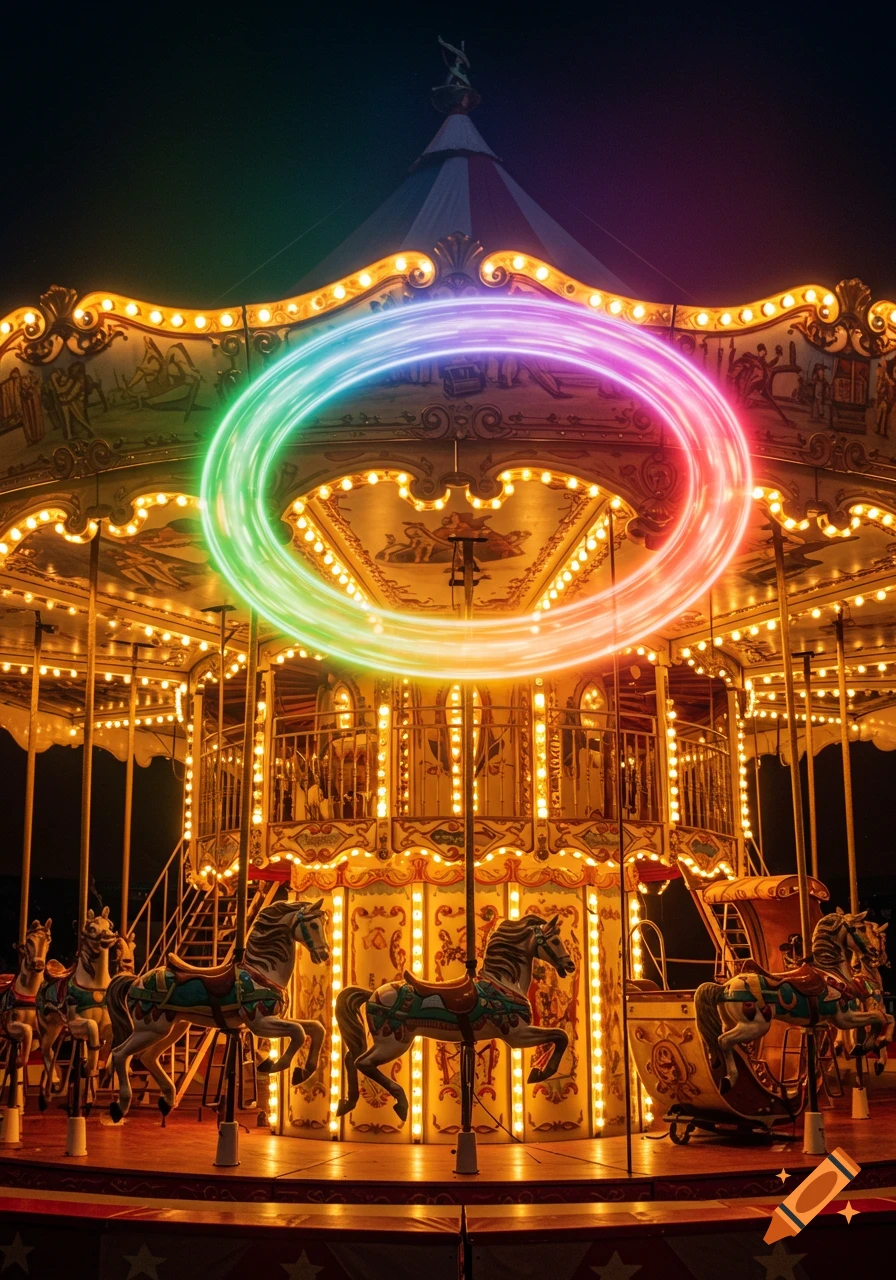 A brightly lit carnival carousel at night, adorned with golden lights and a glowing rainbow ring.