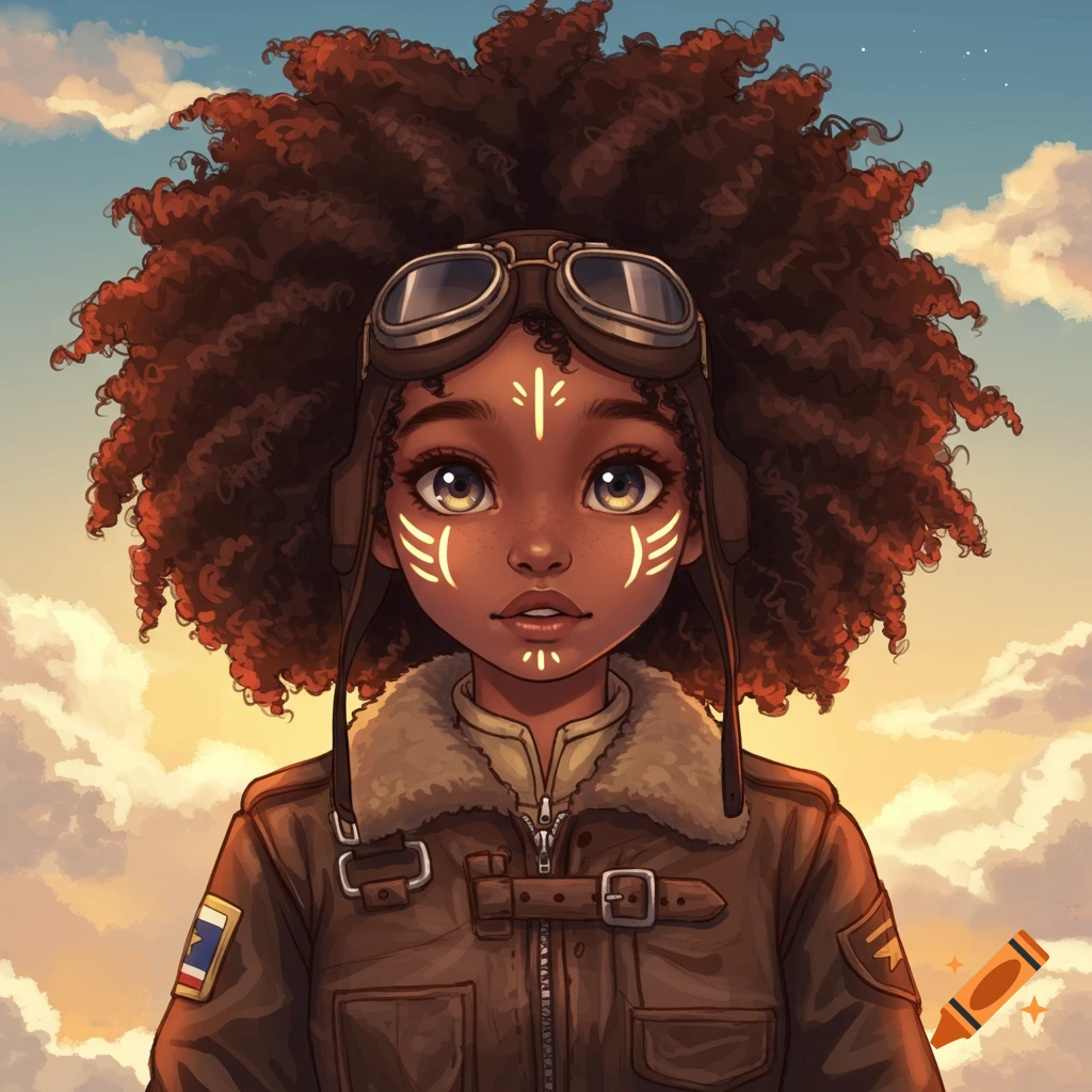 Manga-style portrait of a young Black girl with an afro, aviator hat, goggles, and face paint, wearing a brown jacket against a cloudy sky.