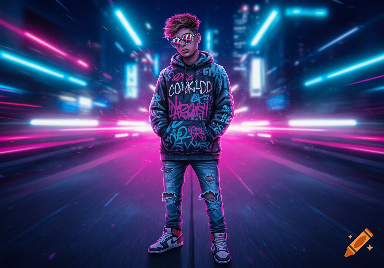 A young person with pink hair and sunglasses in a graffiti hoodie and ripped jeans stands on a neon-lit urban street.