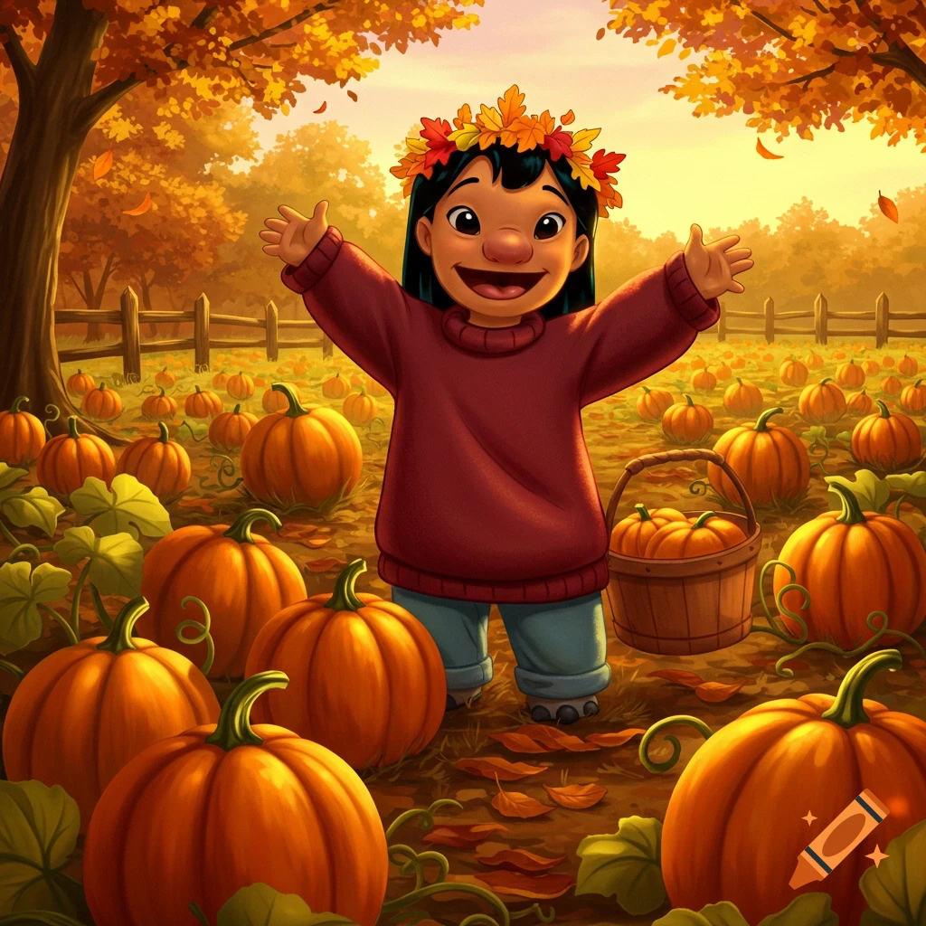 Lilo from Lilo & Stitch, wearing a leaf crown, stands with open arms in an autumn pumpkin patch.