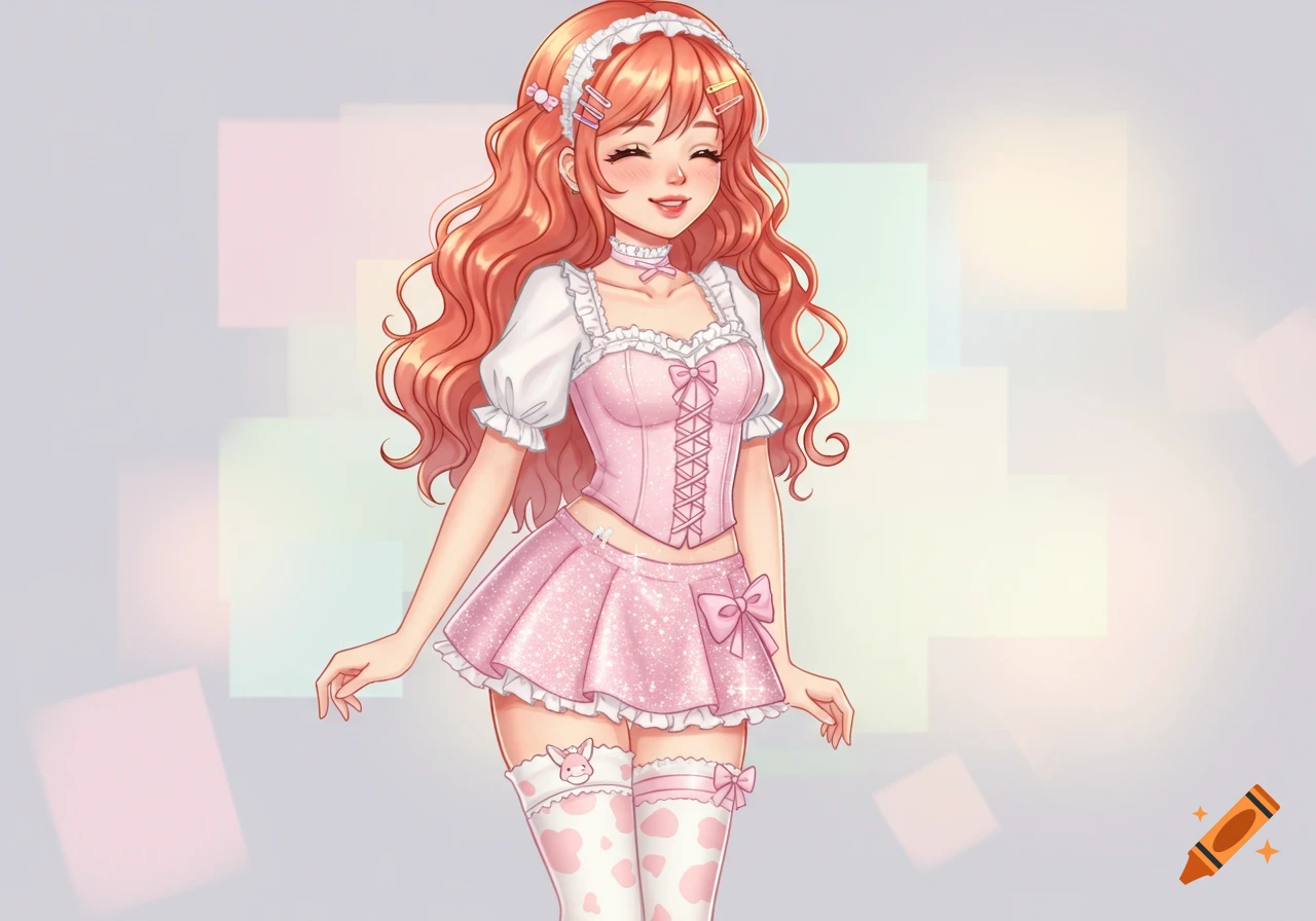 A cute anime girl with long, wavy red-orange hair, wearing a pink corset top, sparkly skirt, and cow print thigh-high socks.
