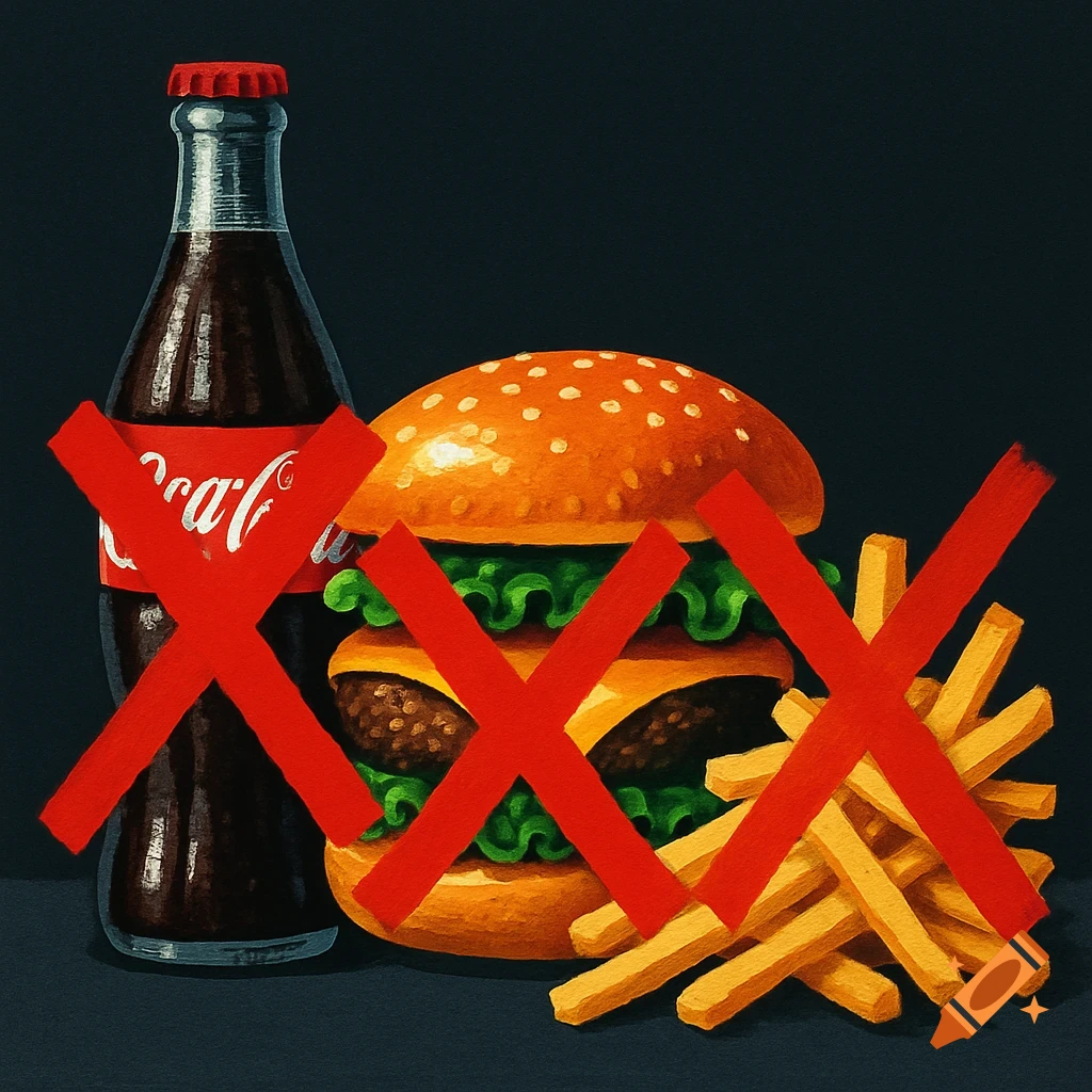 A painterly illustration of a soda bottle, double burger, and fries, each marked with a large red X on a dark background.