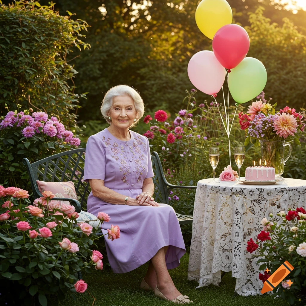 An elderly woman smiles in a lush garden, celebrating her birthday with a cake, champagne, flowers, and balloons.
