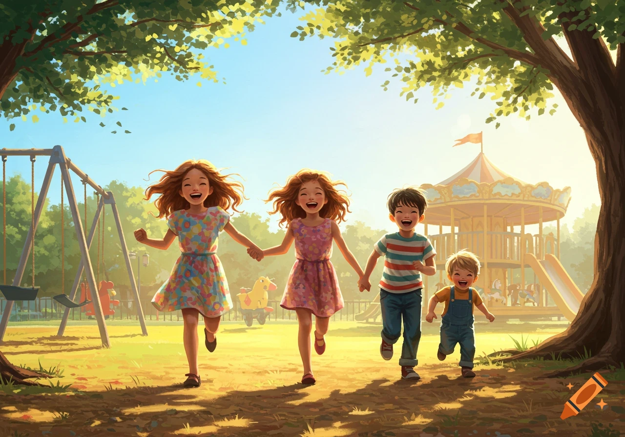 Four happy children run hand-in-hand through a sunny playground with swings and a carousel.