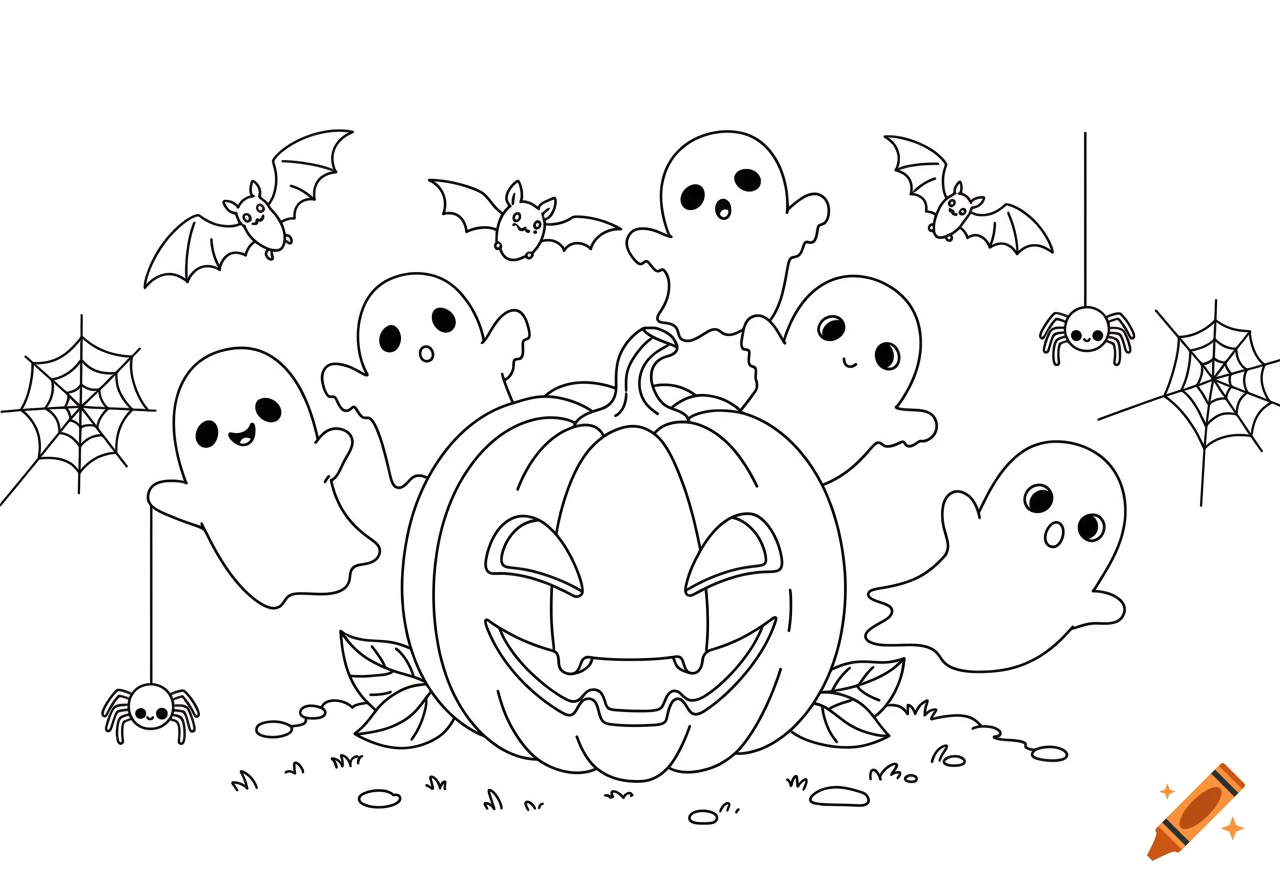 A black and white line art Halloween coloring page with a jack-o'-lantern, cute ghosts, bats, and spiders.