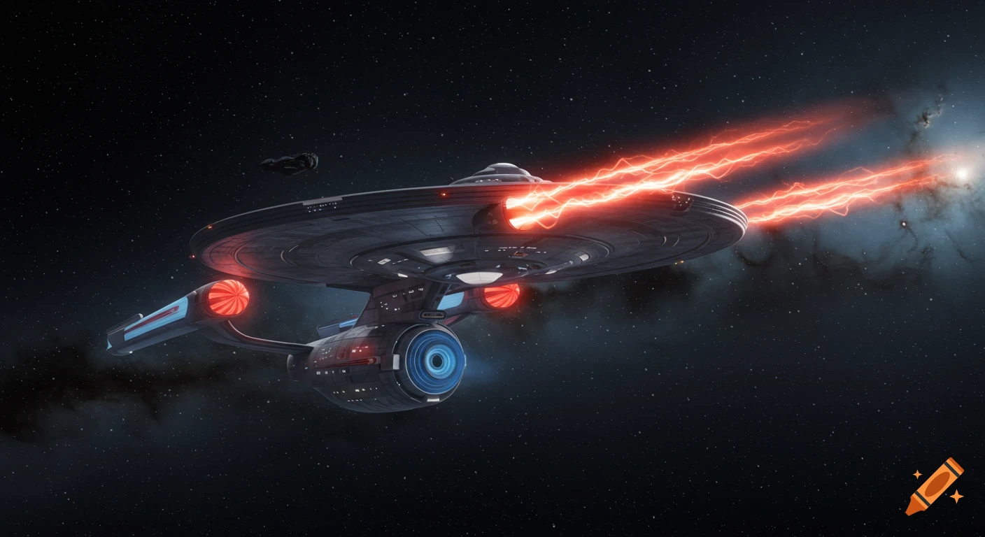 A grey Starfleet-style starship, with glowing red Bussard collectors, fires red energy beams across a star-filled galaxy.