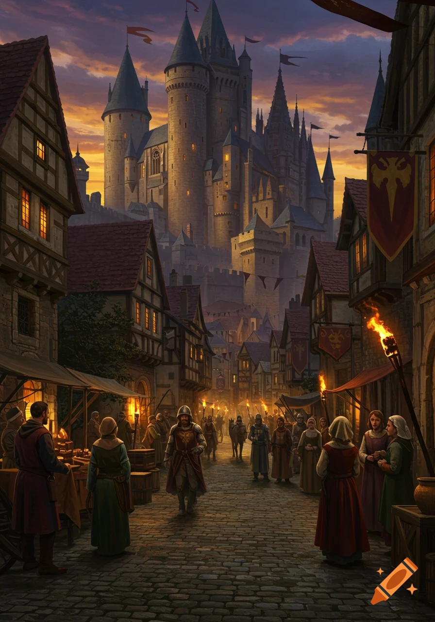A detailed painting of a medieval town street bustling with people, illuminated by torches at dusk, with a grand castle towering in the background.