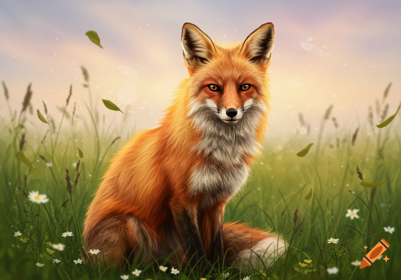 A vibrant red fox sits in a grassy meadow with wildflowers under a soft, bright sky.
