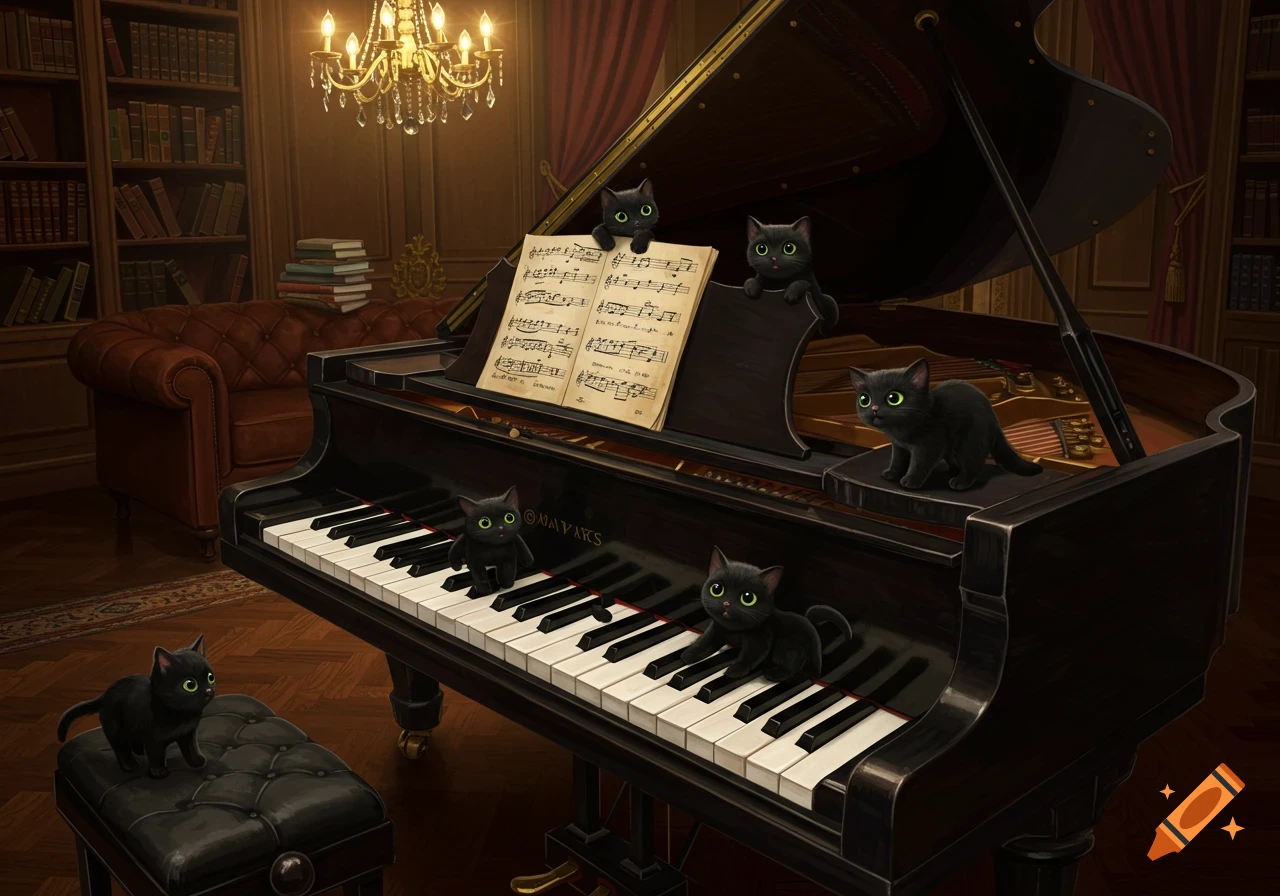 Several tiny black cats with green eyes playing on and around a grand piano in a lavish, lamp-lit room with bookshelves.