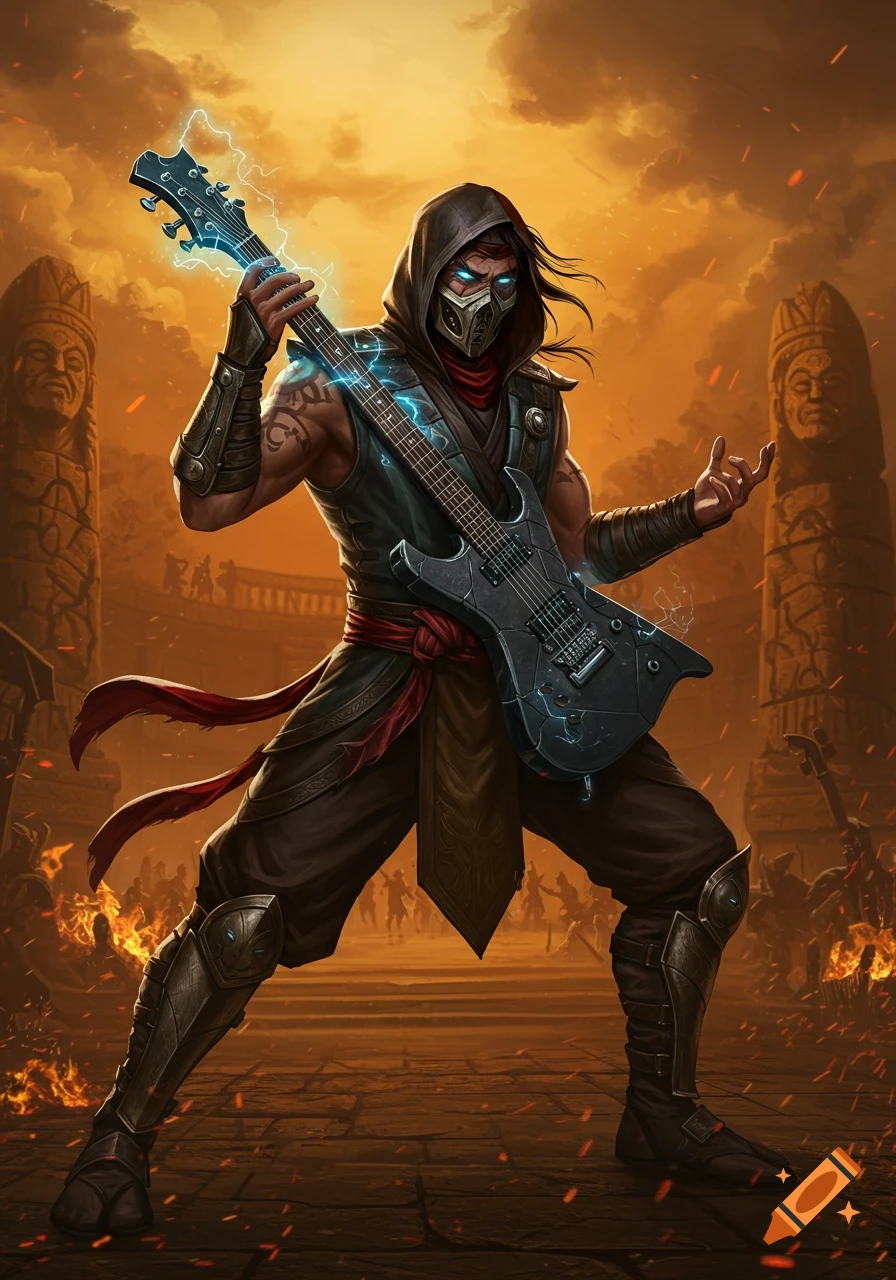 Masked warrior in hood and armor plays electric guitar with lightning in a fiery arena with stone pillars, stylized illustration.