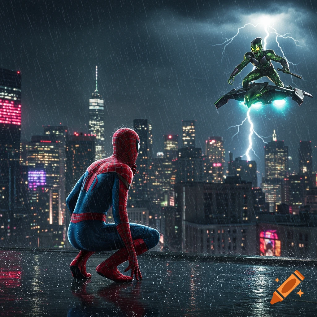 Spider-Man crouches on a rainy city rooftop, facing Green Goblin flying above with lightning, against a night cityscape.