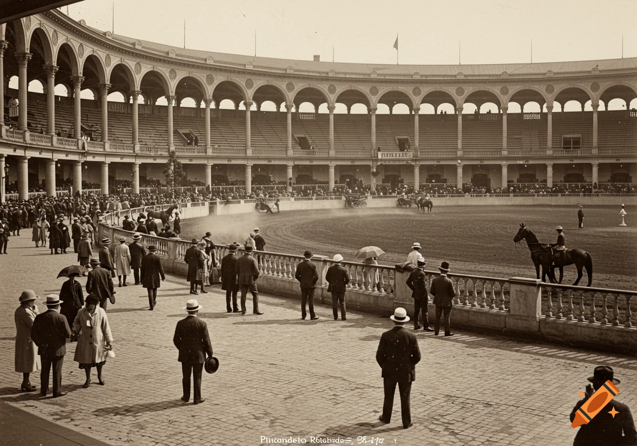 Vintage black and white photograph of a bustling hippodrome with spectators, horses, and carriages on the track.