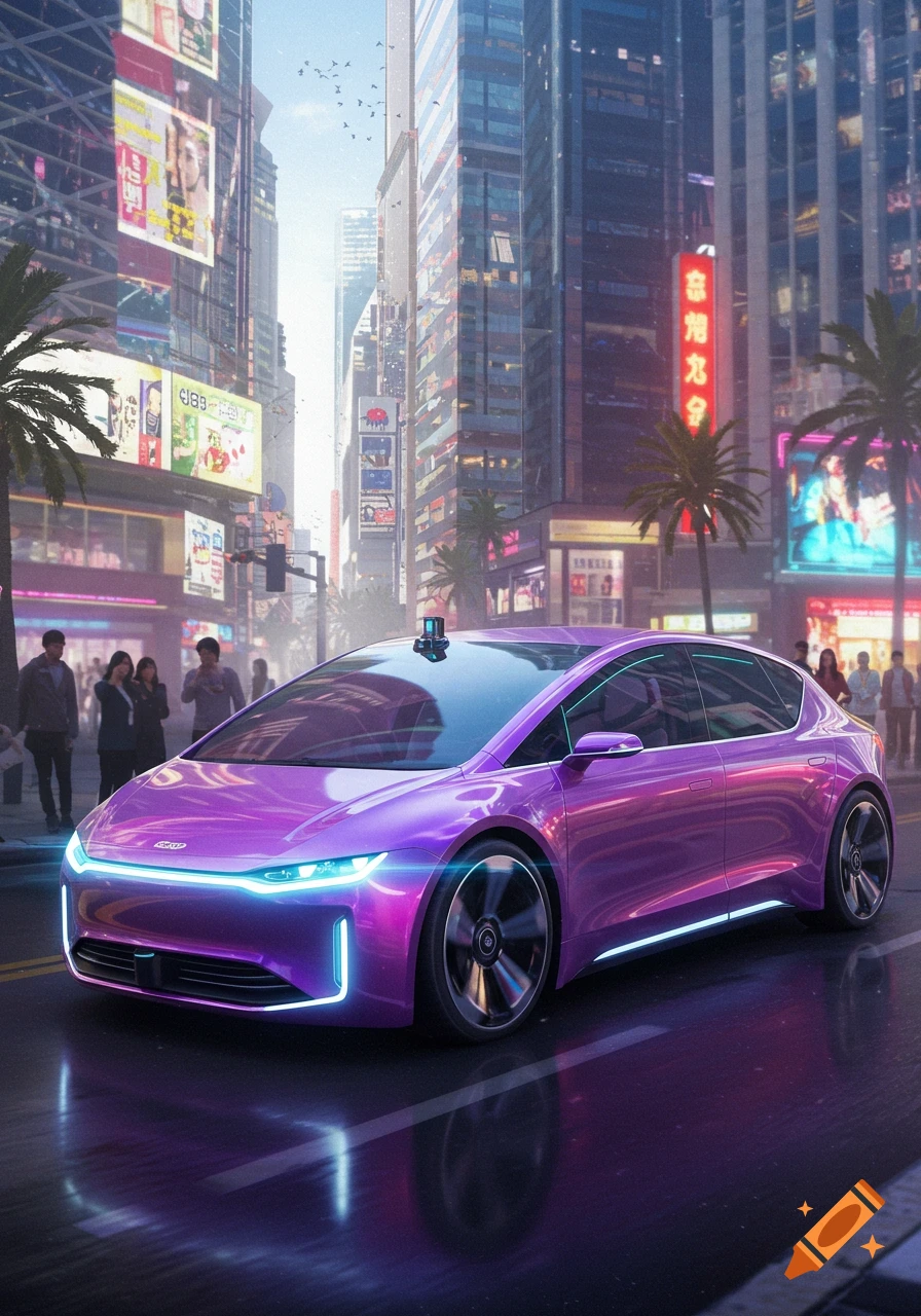A futuristic purple car with glowing blue accents drives through a vibrant, neon-lit cyberpunk city at dusk, with pedestrians watching.