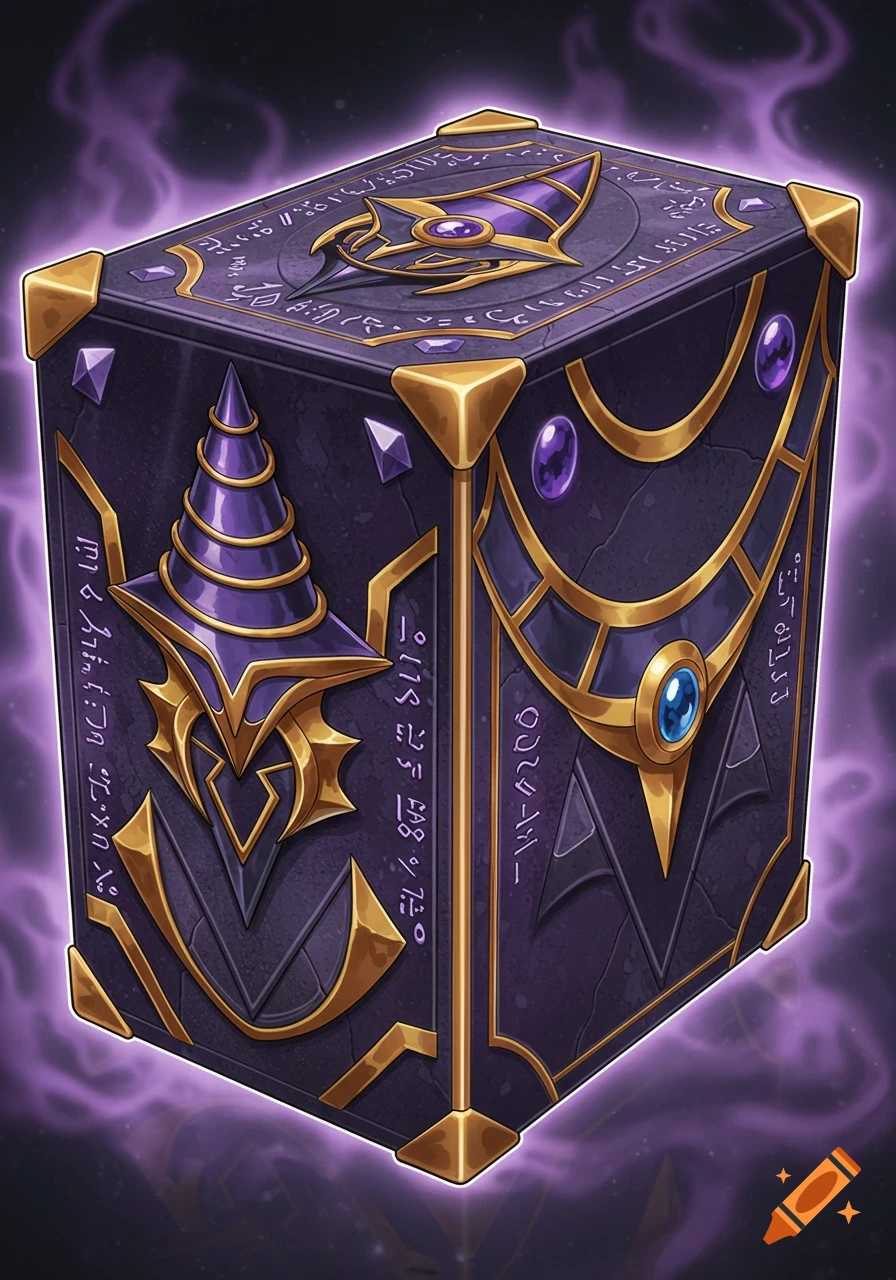 A stylized purple and gold magical box with arcane symbols and a wizard hat emblem, glowing with a purple aura.