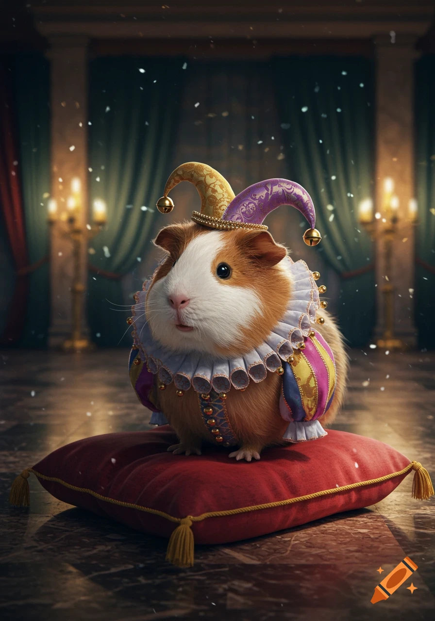 A cute guinea pig dressed in a colorful jester costume and hat sits on a red velvet pillow in a grand hall with falling confetti.