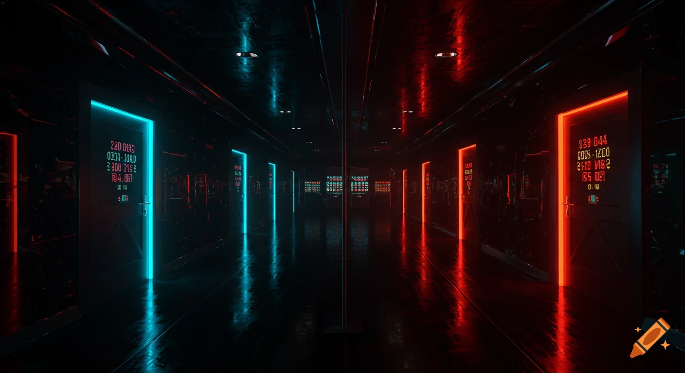 A dark, mirrored cyberpunk hallway with doors outlined in alternating blue and red neon lights, displaying glowing data.