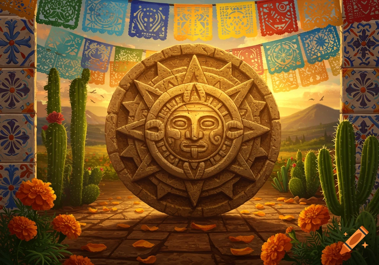 A vibrant Mexican cultural scene with a carved sun disk, cacti, marigolds, papel picado, and patterned tiles at sunset.