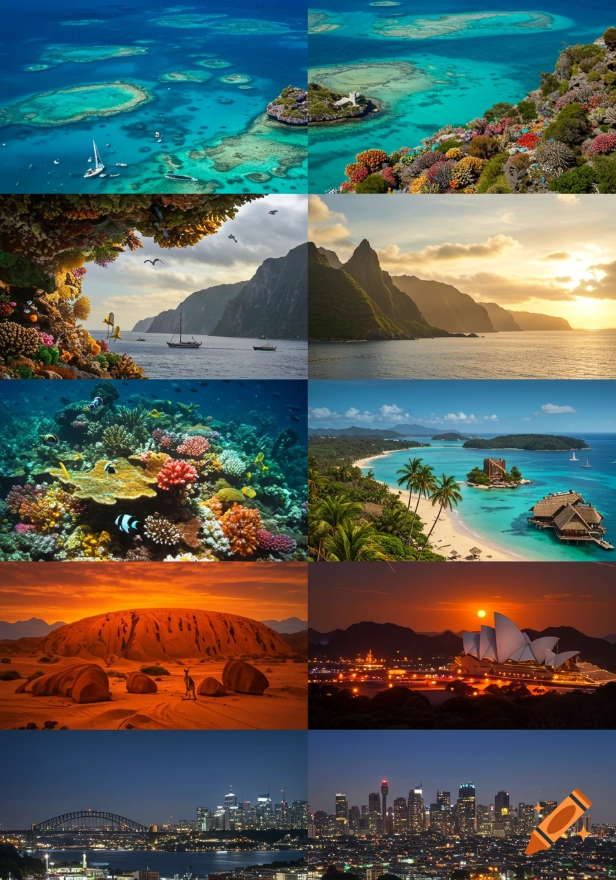A grid collage of diverse scenes from Oceania, including coral reefs, tropical beaches, mountains, Uluru, and Sydney's skyline and Opera House at different times of day.