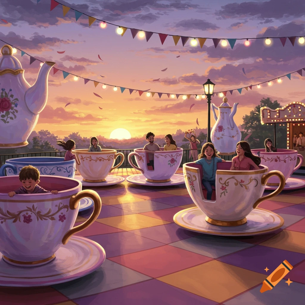An illustration of people riding teacups at an amusement park during a vibrant sunset, adorned with colorful string lights.