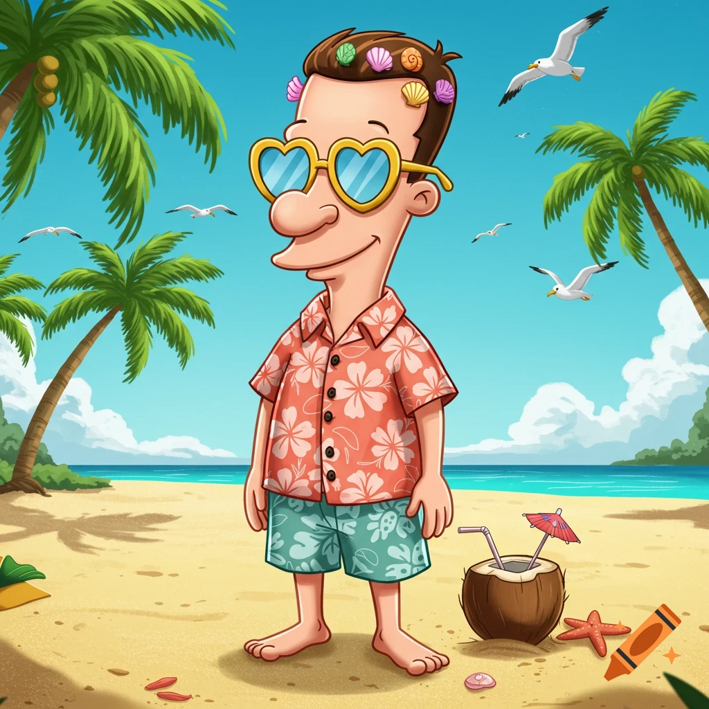 A cartoon character, inspired by Butthead, stands on a sandy tropical beach, wearing a Hawaiian shirt, heart sunglasses, and seashells in his hair.