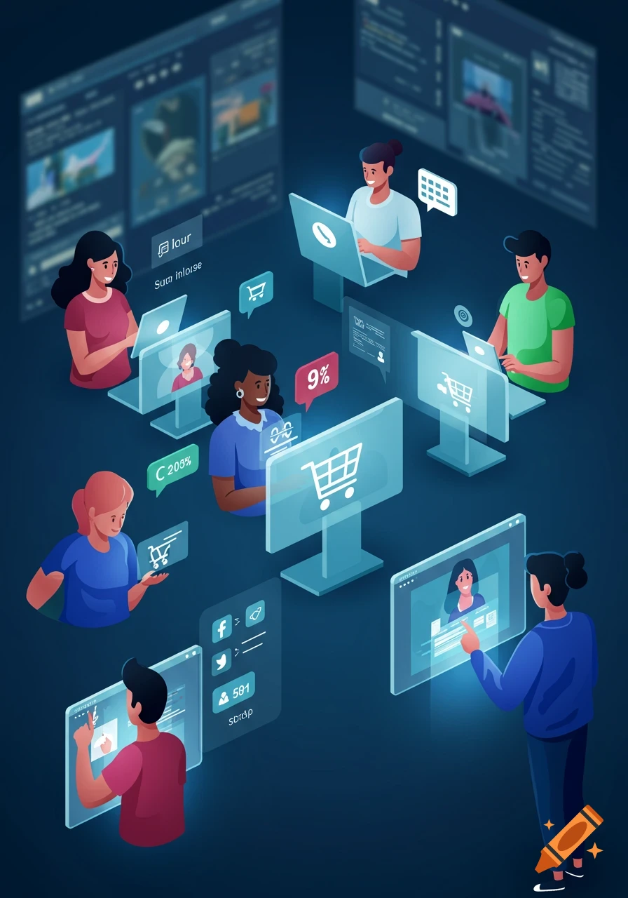 Isometric illustration of diverse people interacting with glowing holographic screens and laptops, depicting online shopping and social media activities.