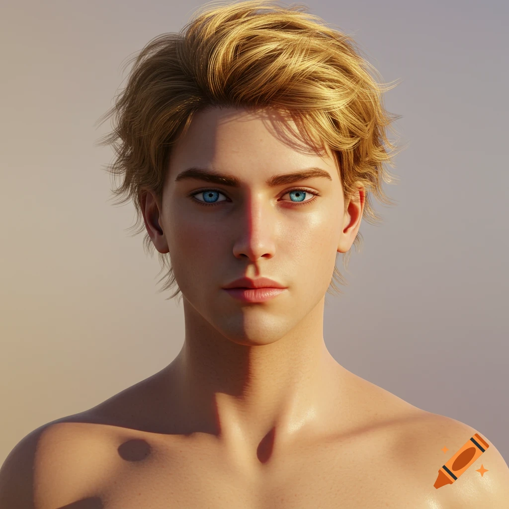 A close-up portrait of a young shirtless man with blonde hair, blue eyes, and high cheekbones in a photorealistic digital art style.
