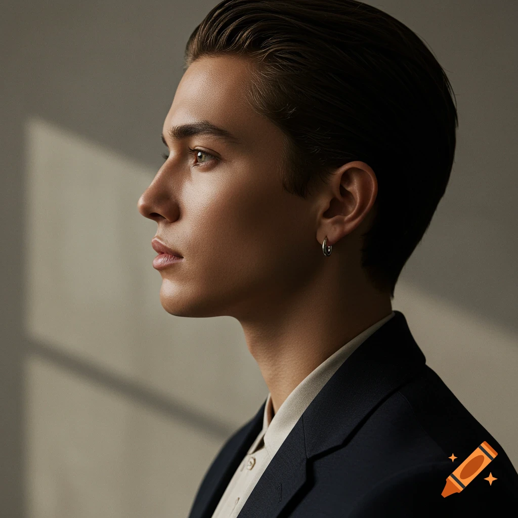 Elegant profile portrait of a young man with dark hair and an earring, wearing a shirt and blazer, in soft light.