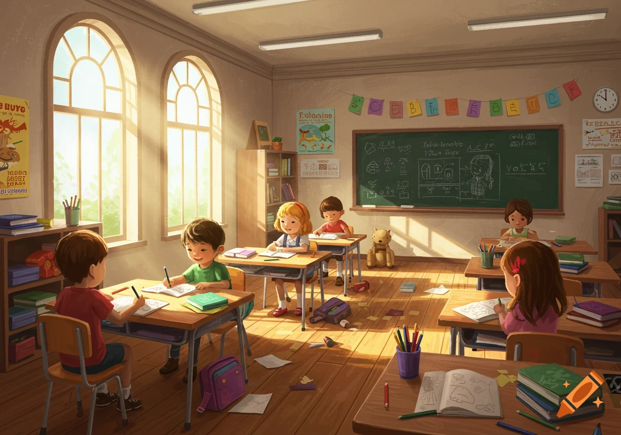 Children in a sunlit classroom, drawing and learning at their desks, with a blackboard and posters in the background. Digital art.