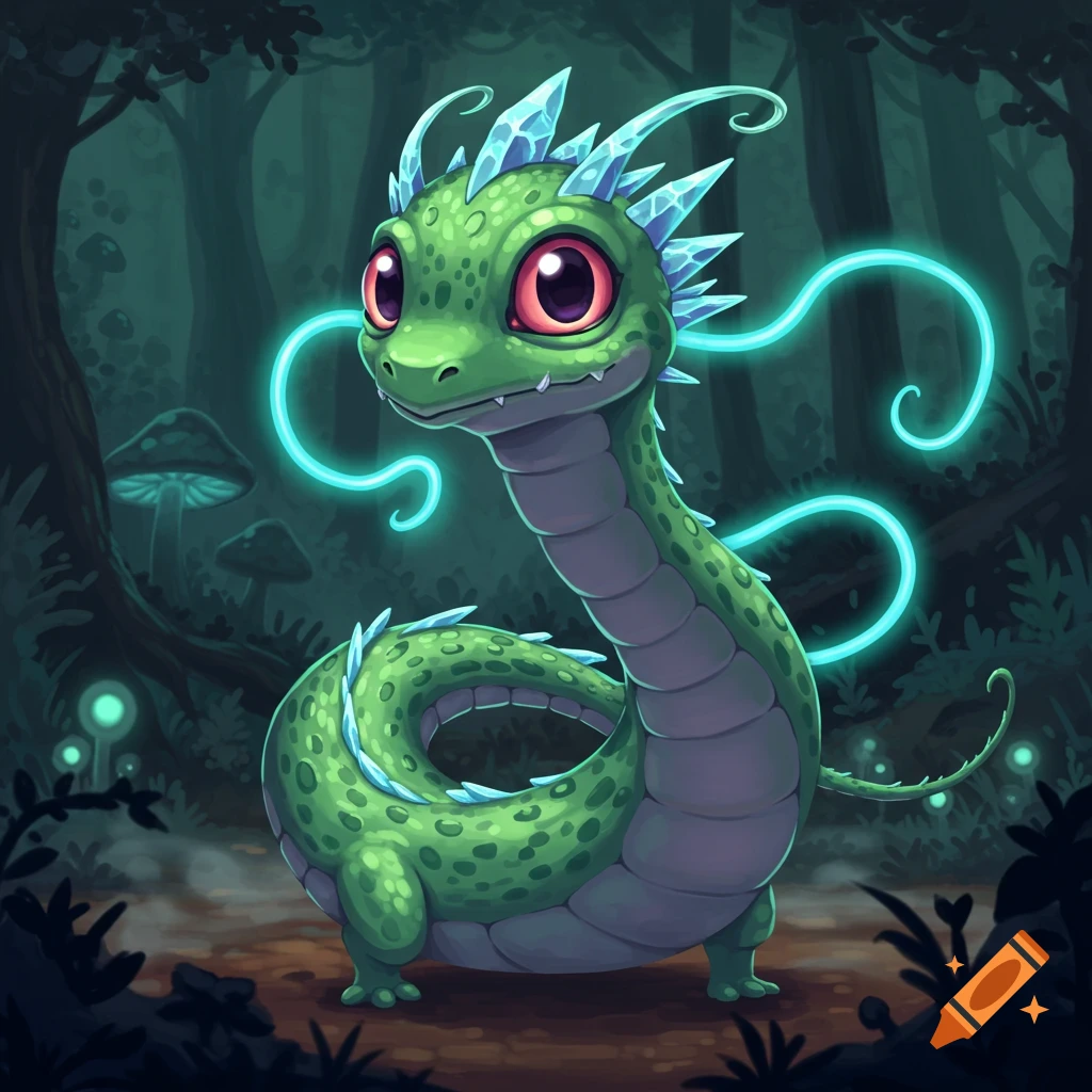 A cute, green, cartoon dragon-like monster with large pink eyes and glowing blue tendrils in a dark fantasy forest.