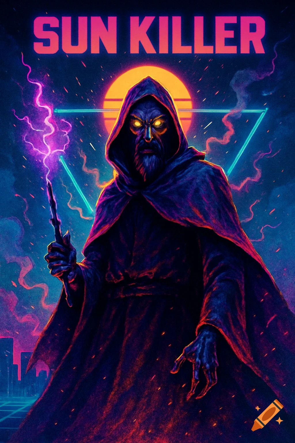 80s neon style poster art of a hooded evil sorcerer holding a glowing staff, with a retro sun and city skyline in the background. Text reads 'SUN KILLER'.