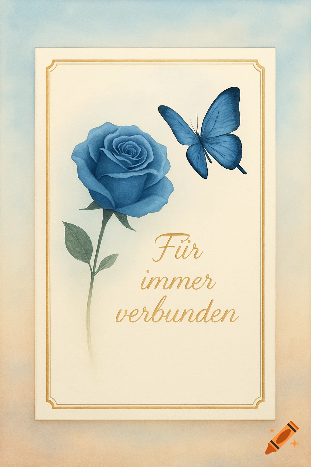 A white-cream greeting card with a golden frame, featuring a blue rose, a blue butterfly, and the German text 'Für immer verbunden'.