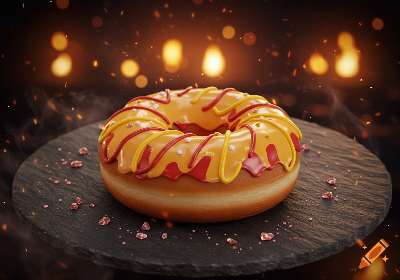 A photorealistic close-up of a donut with bright orange, red, and yellow icing, topped with white sprinkles, on a dark stone plate with glowing embers.
