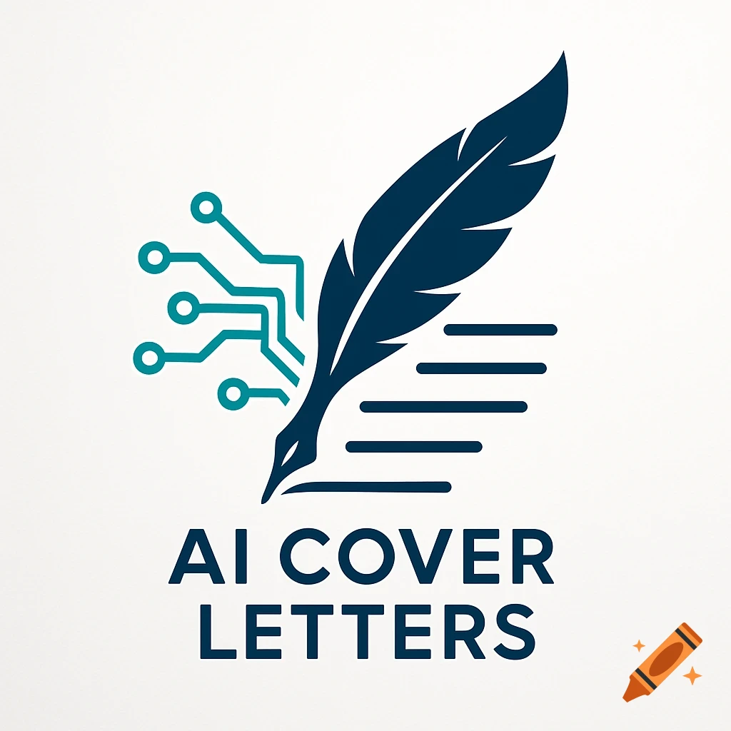 Logo featuring a dark teal quill pen connected to circuit lines, writing three horizontal lines. Text below reads 'AI COVER LETTERS'.