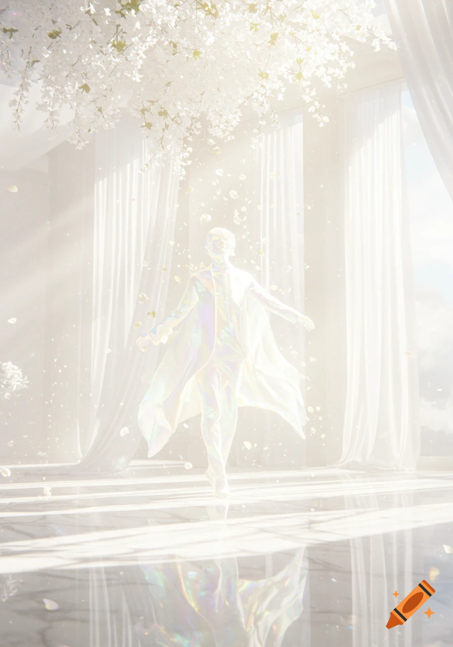 A luminous, ethereal figure in a flowing white gown stands in a bright room with white flowers and sunlight.
