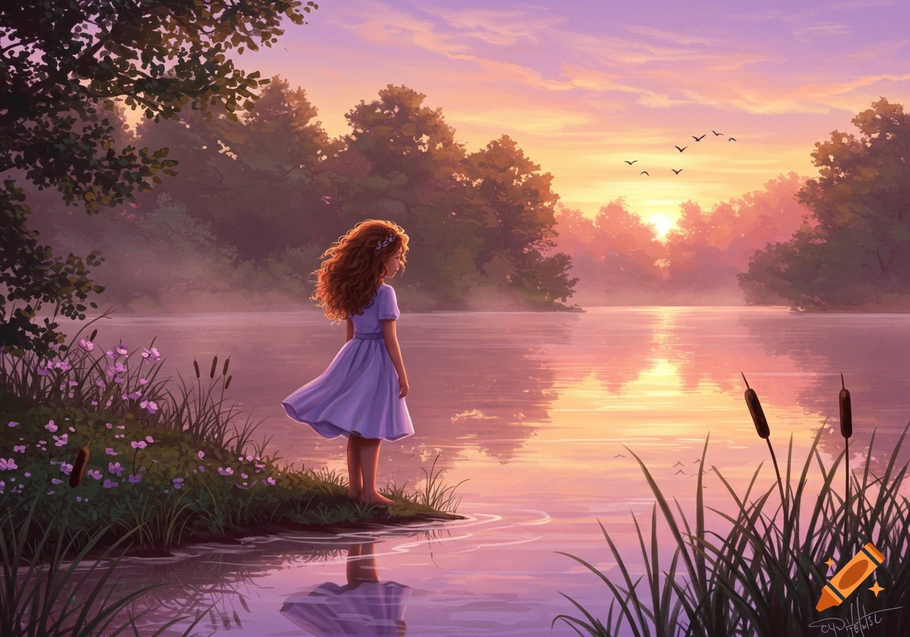 Digital painting of a girl with red hair in a purple dress by a misty lake at sunset with trees and wildflowers.
