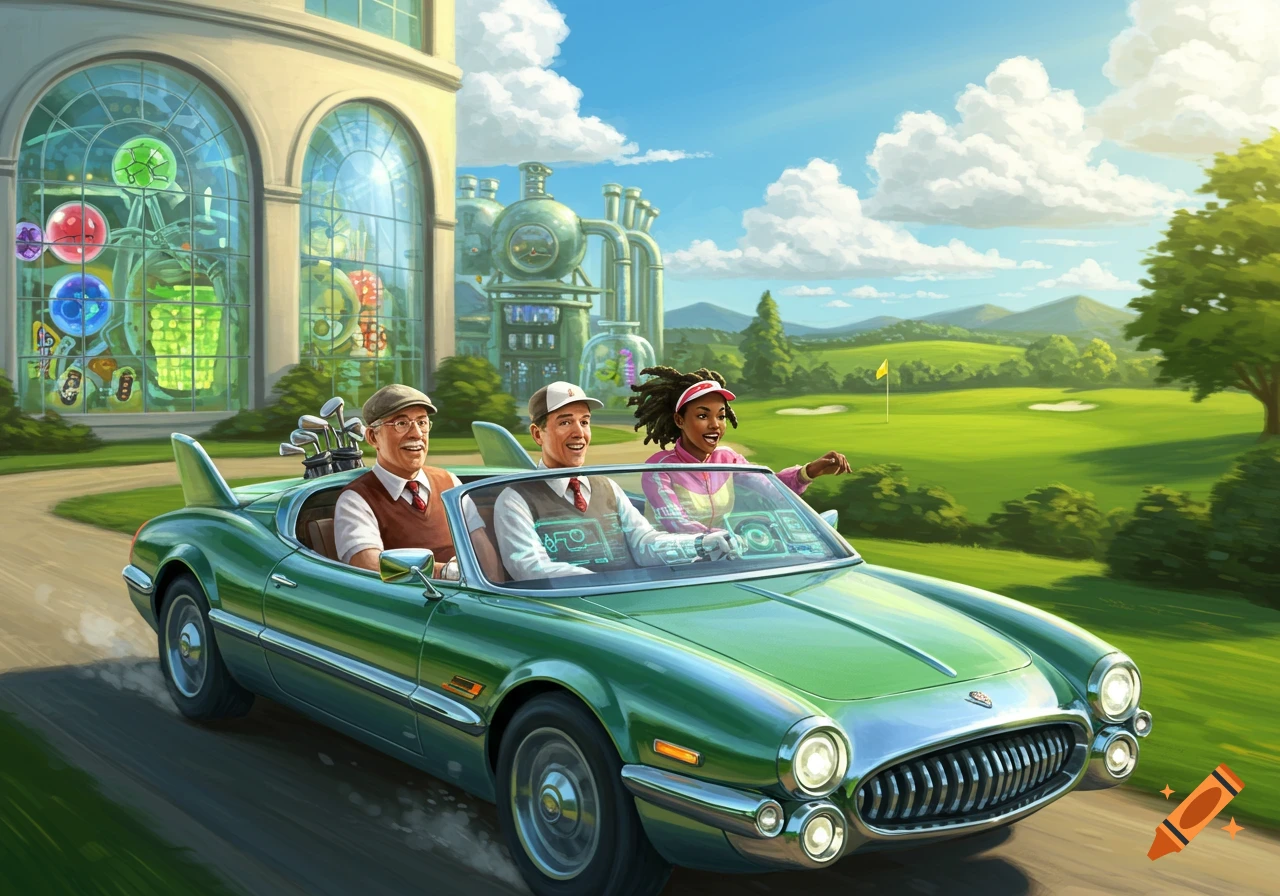 Three people in a green convertible drive past a futuristic science lab towards a sunny golf course, digital art.