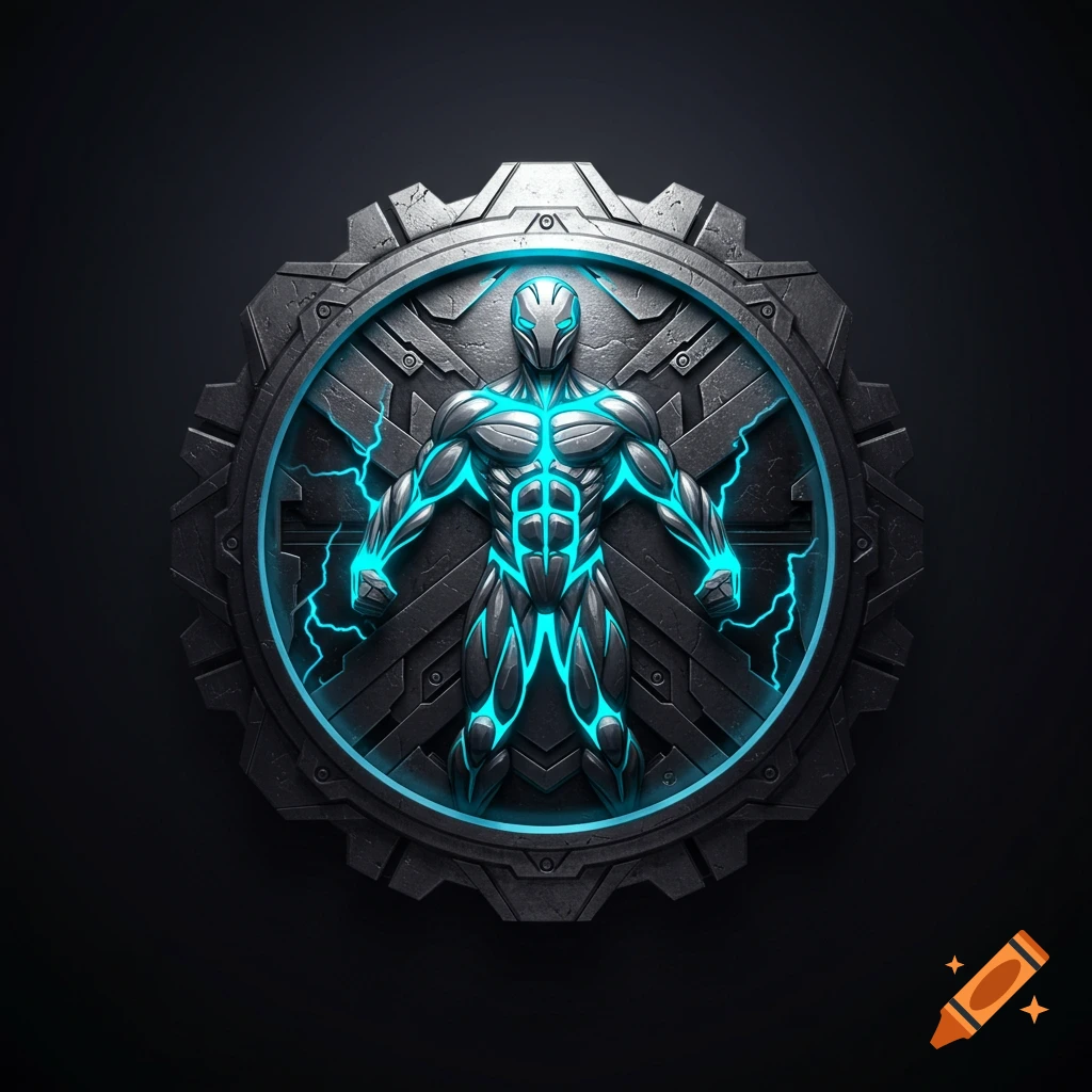 Metallic armored figure with glowing blue energy in a circular gear emblem against a dark background.