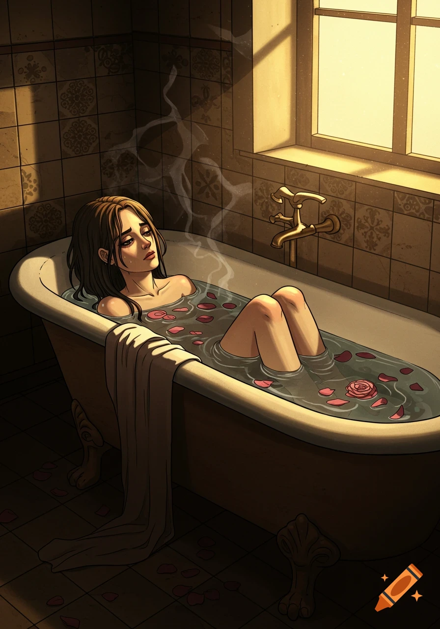 An illustration of a sad woman with rose petals in a warm-lit bathtub.