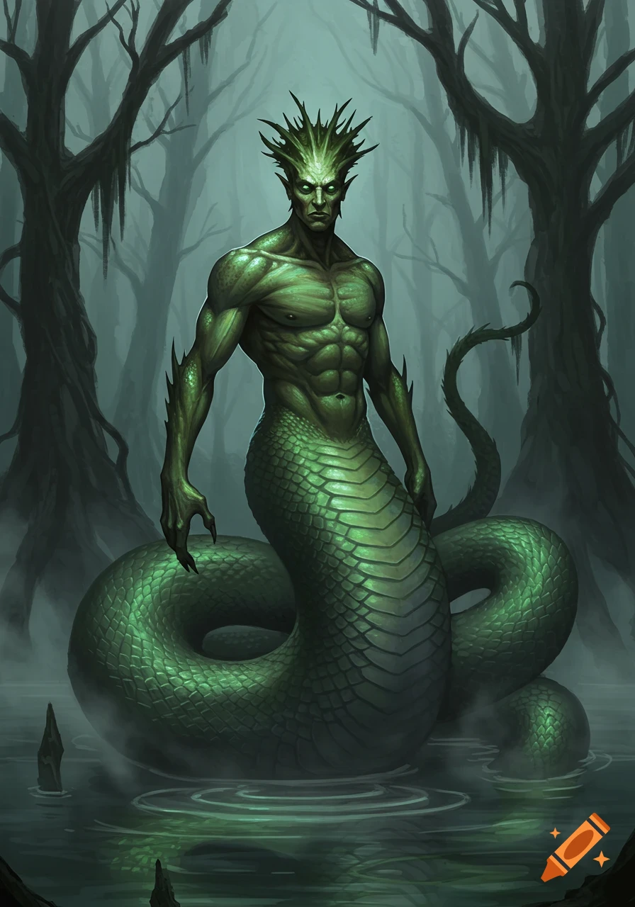A muscular, green-skinned man with a spiky head and glowing eyes, with a green snake body, stands in a misty, dark swamp.