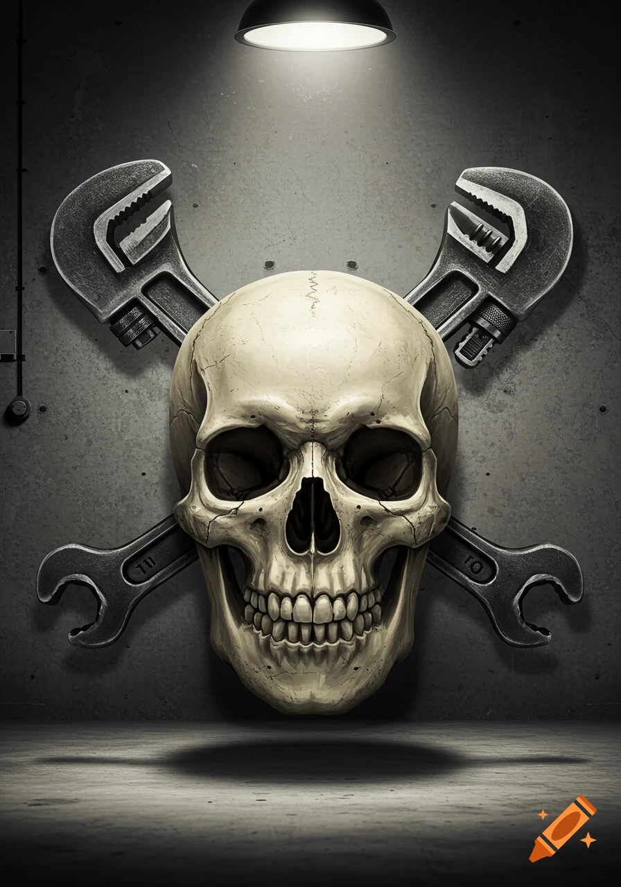 A realistic human skull with two large adjustable wrenches crossed behind it, against a dark, gritty concrete wall, lit by an overhead lamp.