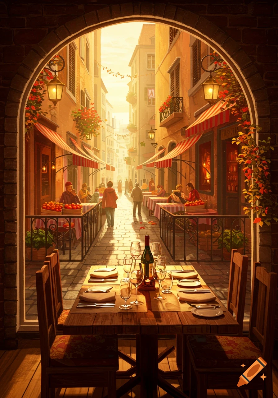 Vibrant painting of an empty dining table looking through an archway onto a sunny European street with bustling outdoor restaurants.