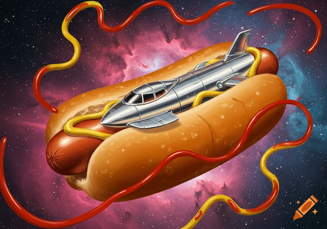 A silver rocket ship nested in a hot dog bun with a hot dog, surrounded by ketchup and mustard, floating in a vibrant space nebula.