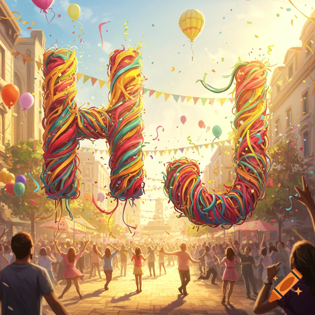Large colorful ribbon letters 'H' and 'J' float above a lively street festival with people, confetti, and balloons.
