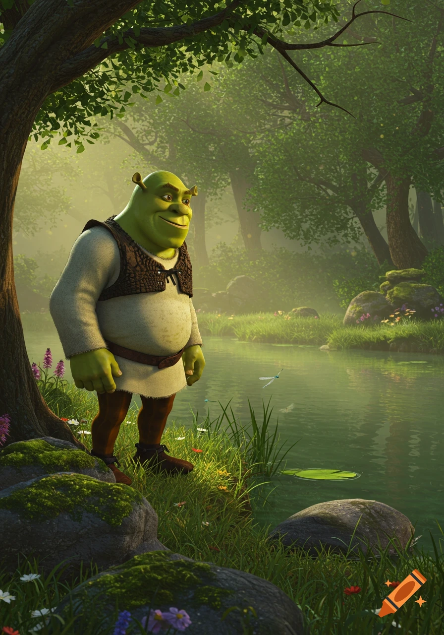 Shrek stands smiling by a sun-dappled river in a lush green forest, rendered in a detailed CGI style.