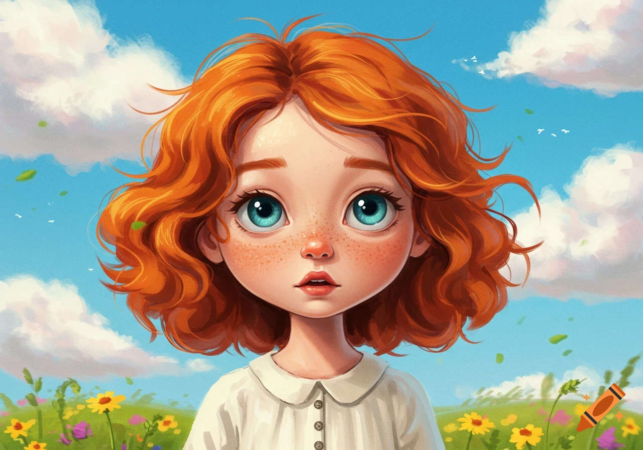 Stylized illustration of a red-haired girl with big blue eyes and freckles, in a sunny field of flowers.
