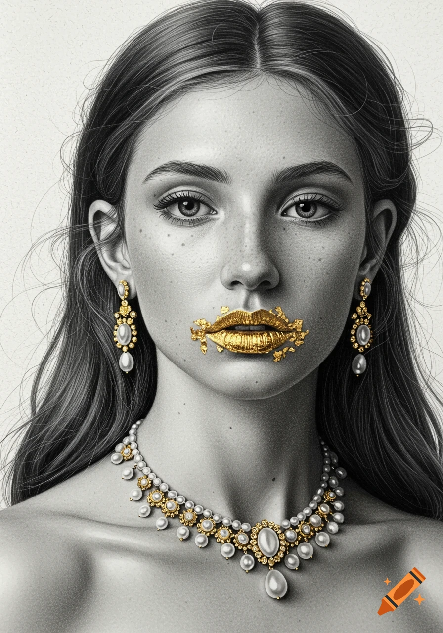 Hyper-realistic black and white portrait of a woman with long hair, golden lips, pearl necklace, and earrings.