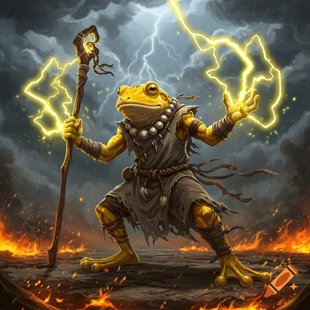 A powerful yellow-skinned frog shaman in ripped grey robes wields a staff and casts yellow lightning magic amidst fire and a stormy sky.