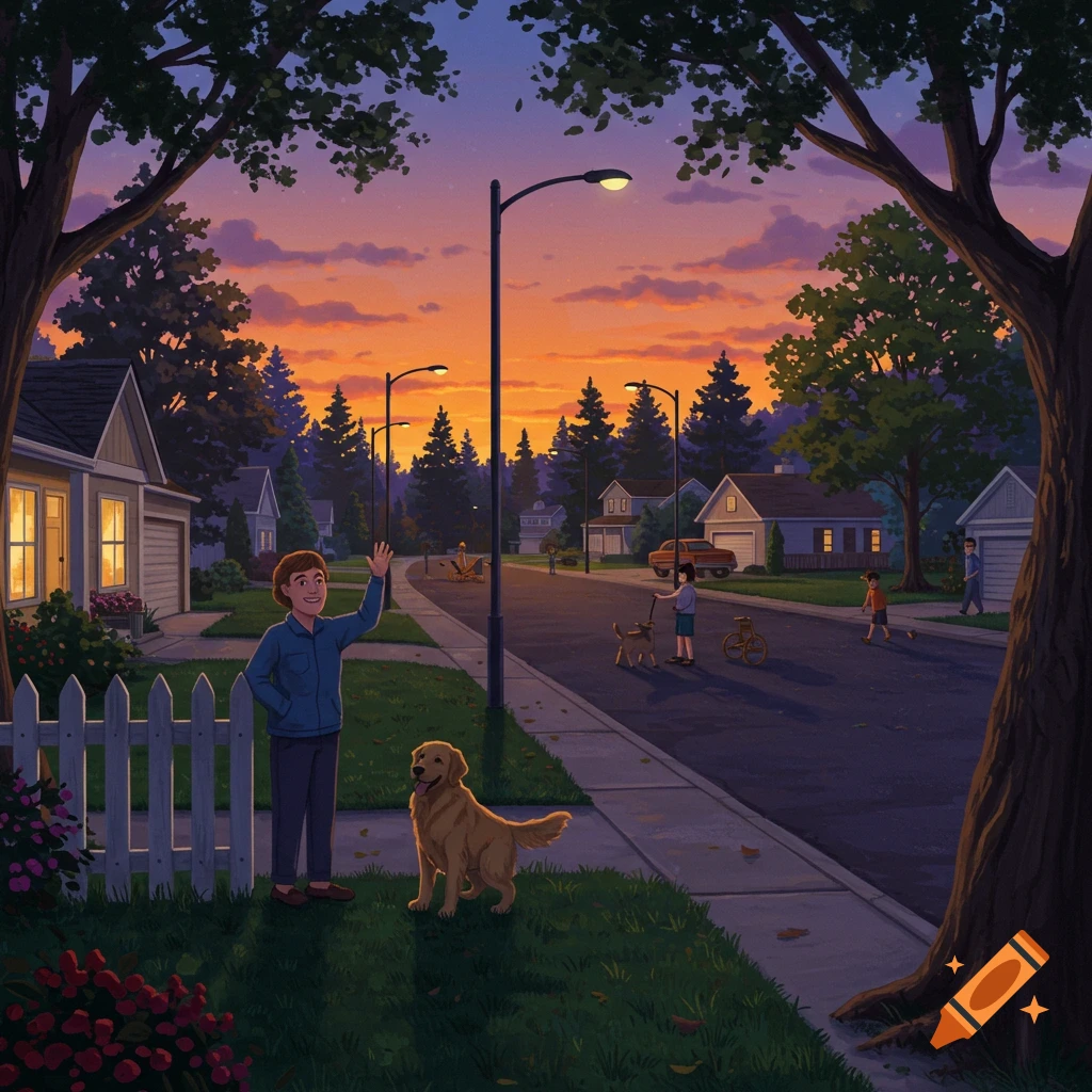 An illustrated suburban street at sunset. A boy waves with a golden retriever beside him, other people and dogs in the background.